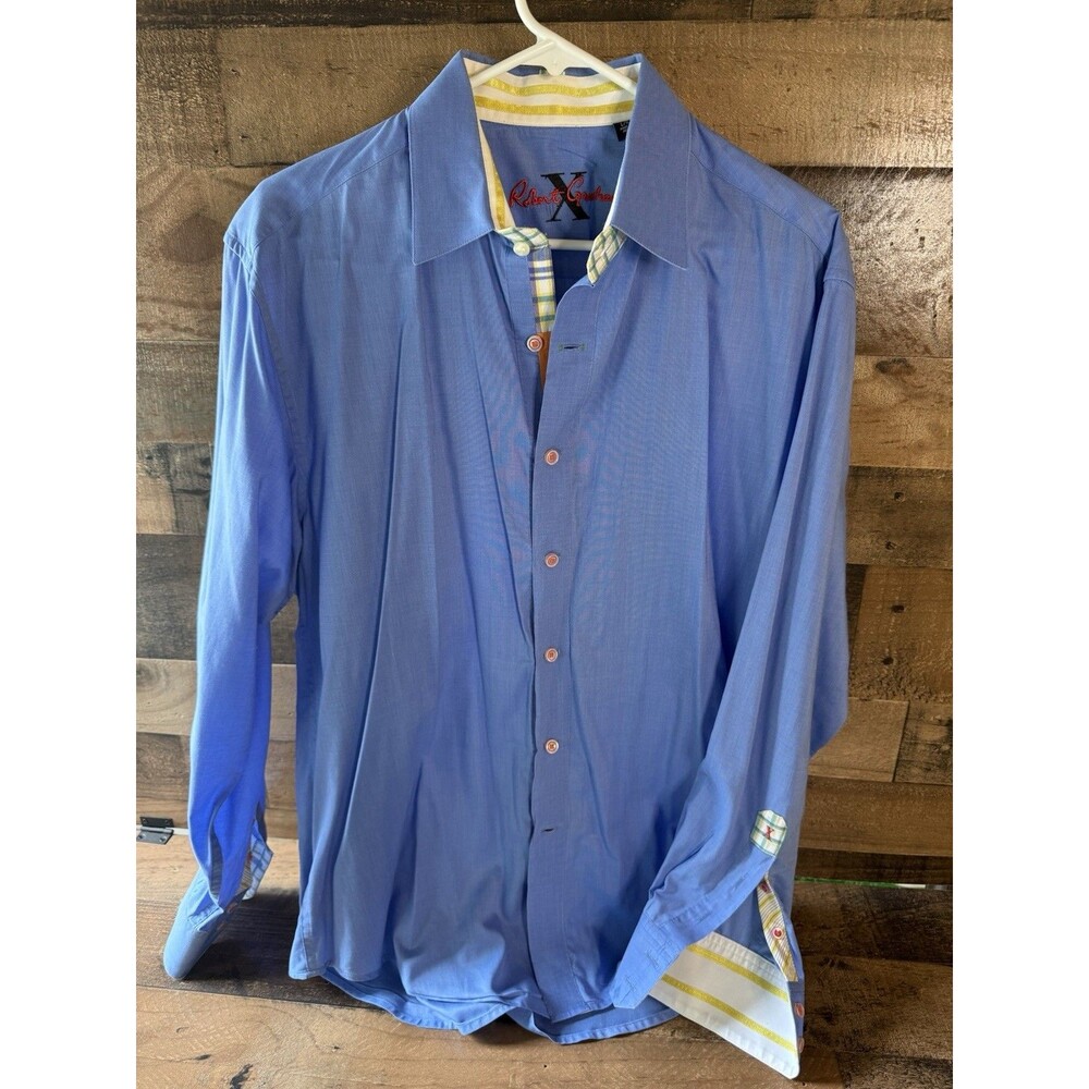 Robert Graham Shirt Mens Large Blue Stripe Cuff Classic Fit Button Up